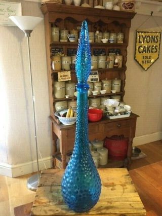 Vintage Tall Italian Glass Empoli Bright Blue Glass Genie Bottle Bubble Pattern