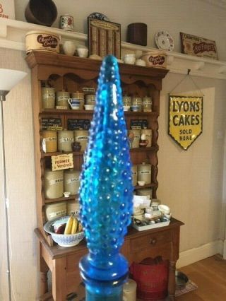 Vintage Tall Italian Glass Empoli Bright Blue Glass Genie Bottle Bubble Pattern 2