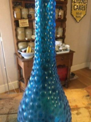 Vintage Tall Italian Glass Empoli Bright Blue Glass Genie Bottle Bubble Pattern 3