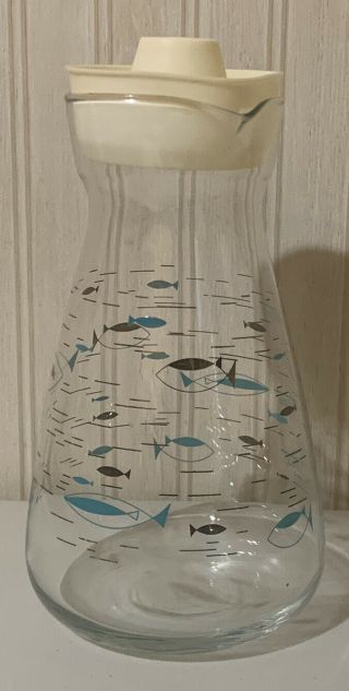 Vintage Libbey Mid Century Modern 1 Quart Atomic Fish Glass Carafe With Lid