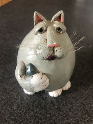 Vintage Vicki Thomas Signed Grey & White Gourd Holding A Fish Fat Cat By Enesco
