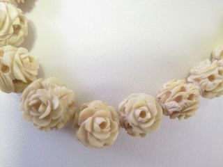 Antique Chinese Carved Roses Beads Bovine Bone Graduated Necklace 15inch