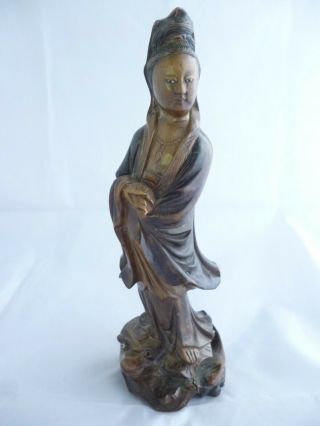 Antique Chinese Wooden Carving Of Kwan - Yin Guanyin Diety 9.  5 Inches Tall Signed