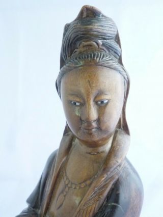 Antique Chinese wooden carving of Kwan - yin Guanyin diety 9.  5 inches tall signed 2