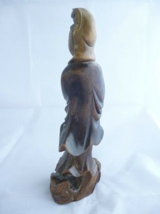 Antique Chinese wooden carving of Kwan - yin Guanyin diety 9.  5 inches tall signed 3