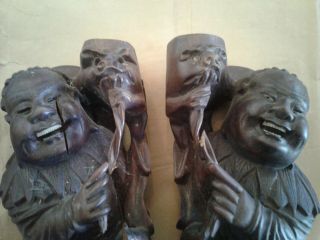 Pair Antique Chinese Carved Wood Laugh Buddha & Dogs Aprox 14 " Very Old