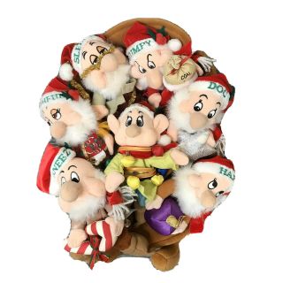 Disney Store Snow Whites Seven Dwarfs Christmas Sleigh Plush Bean Bags Sled