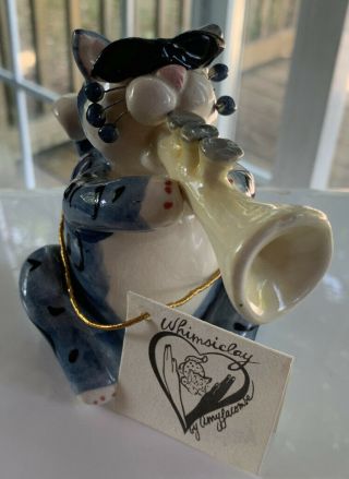 Whimsiclay Cats Figurine 2001 Blue & White Cat Playing Trumpet