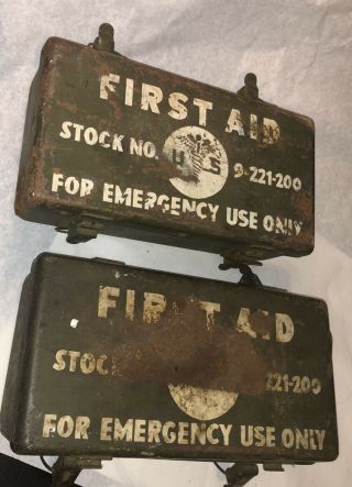 2 Vintage Us Army Military First Aid Wwii Era Metal Boxes Filled W Bandages Kit
