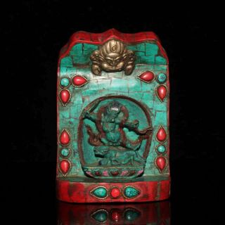 Tibetan Turquoise & Red Coral Inlaid Handmade Buddha Statue 30203