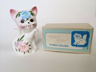 Vintage Mid Century Pretty Kitty Cat String Holder Sewing Kitsch Floral Decor