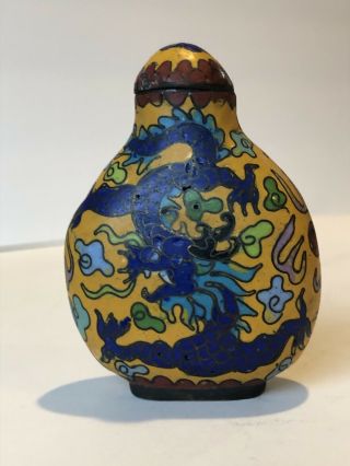 Antique Chinese Cloisonné On Copper 3” Snuff Bottle With Dragon Design