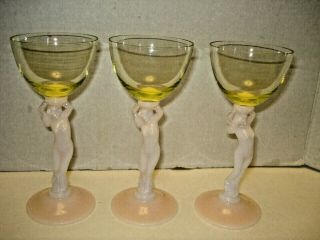 Vintage Elegant Glass Cambridge Crown Tuscan Nude Stem Yellow Bowl Set Of 3