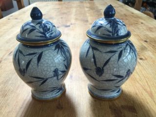 2 X Small Vintage Chinese Crackle Glazed Urn - Blue And White Birds And Bamboo