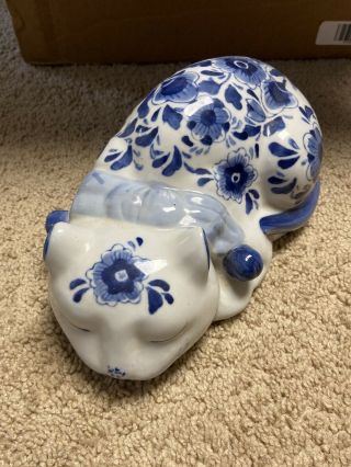 Blue And White Ceramic Cat Floral Napping 10 Inches Long Kitty