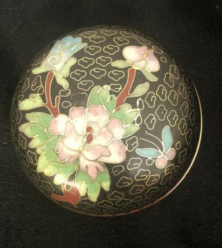 Chinese Cloisonné Circular Box And Cover Black With Flowers And Butterfly 3