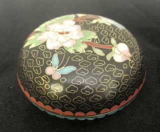 Chinese Cloisonné Circular Box and Cover Black with Flowers and Butterfly 3 2