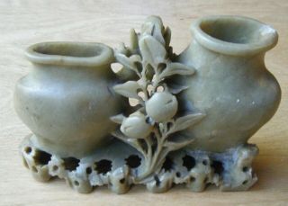 Vintage Antique Chinese Soapstone Carving Vase Brush Pot 2 Wells Peach Branch