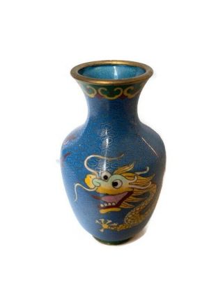 Vtg Chinese Cloisonne Imperial Yellow Dragon 5 In.  Blue Vase Sun And Clouds