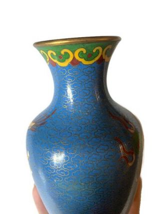 Vtg Chinese Cloisonne Imperial Yellow Dragon 5 in.  Blue Vase Sun and Clouds 3