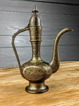Vintage India Brass Coffee Pot Engraved Antique Decorative Style Tea Long Spout