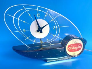Vintage Schaefer Beer Atomic Advertising Sailboat Clock Table Lamp/light Mcm