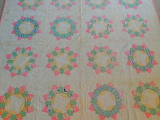 Vintage 1940s Handmade Quilt Grandmas Flower Garden Pink Green 74x74 "