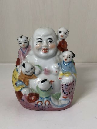 Vintage Chinese Porcelain Laughing Buddha With Children