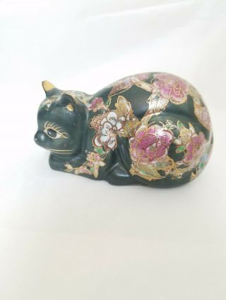 Vintage Dark Green With Floral Pattern And Gold Detail Cat Kitty Figurine