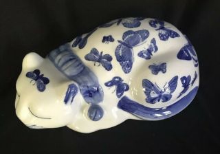 Blue And White Ceramic Cat Butterfly Napping 10 Inches Long Kitty