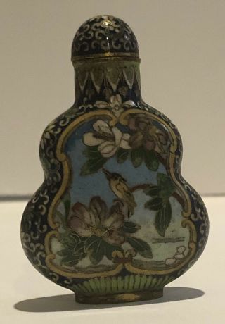 Antique Chinese Cloisonné On Brass Snuff Bottle Flowers And Birds Design 2 5/8”