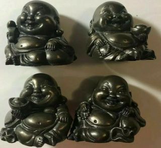 Set Of 4,  2 Inch Buddha Statues - Laughing Happy Buddha,  Maitreya,  Bronze