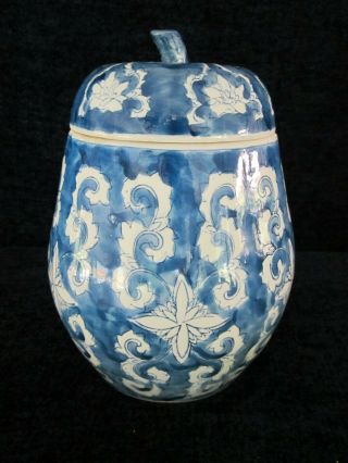 Vintage Chinese Asian Blue And White Porcelain Ginger Cookie Jar 10 "