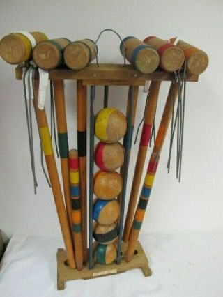Vintage South Bend Wood Croquet Set With Rack