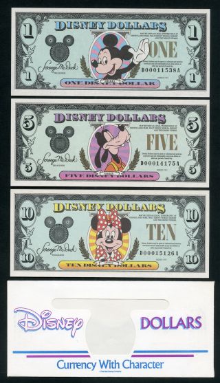 Disney Dollars Set Of 3 Gem Cu 1991 $1 Mickey $5 Goofy $10 Minnie