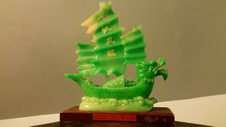 Jade Dragon Sail Boat Figurine Statue With Wooden Base (likely Faux Jade)