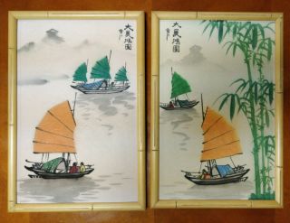 2 Antique Chinese Watercolor On Silk Bamboo Tree Temple Fishing Painting Signed