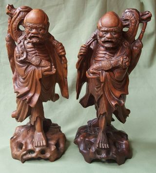 Fine Large Antique Chinese Carved Wood Immortal Figures,  Inlaid Eyes.