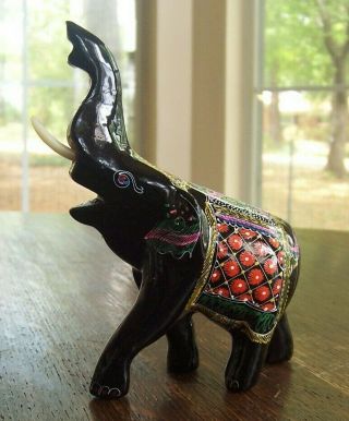 Vintage Wood Lacquered Hand Painted Elephant Trunk Up Plastic Tusks