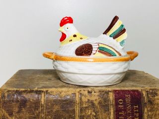 Vintage Napco Chicken Hen Rooster On Nest 2 Piece Covered Dish - 1963 Euc