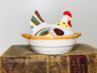 VINTAGE NAPCO CHICKEN HEN ROOSTER on Nest 2 PIECE COVERED DISH - 1963 EUC 2