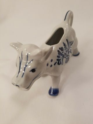 Vintage Ceramic Cow Creamer Delft Style Blue White Windmill And Flowers