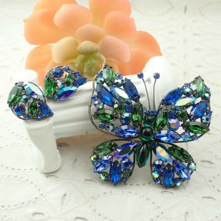 Exceptional Vtg Regency Blue Green Rhinestone Butterfly Pin Brooch Earring Set