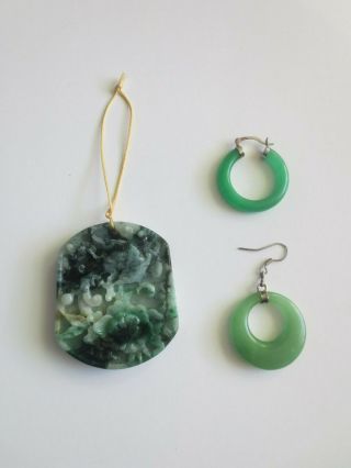 Carved Jade/jadeite Pendant And Two Jade Single 925 Earrings