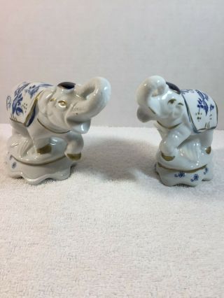 Set Of Vintage Porcelain Blue & White Elephant Figurines Trunk Up For Luck