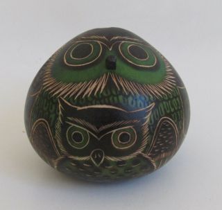 Decorative Peruvian Carved Gourd Owl Bird Figurine 2 3/4 " T Handcrafted