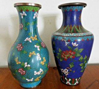 2 Vintage Cloisonne Vases Dark Blue & Turquise Approx.  23cm High - One Dented