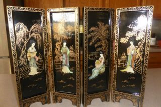 Vintage China Wood Table Top Folding Laquered Screen Raised Figures Stome Semi
