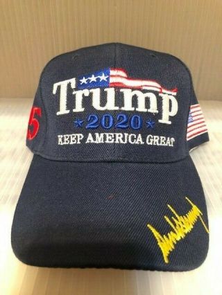 Trump 2020 Keep America Great Navy With Facsimile Signed Usa Hat