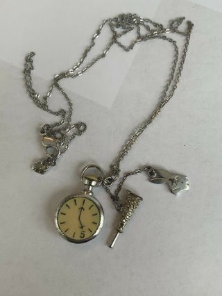 Swarovski Swan Disney Rabbit Alice In Wonderland Necklace Silver Tea Party Clock